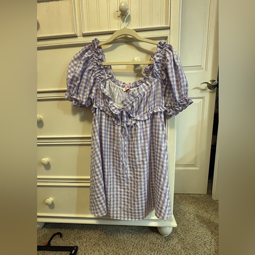 Purple Gingham Puff Sleeve Dress